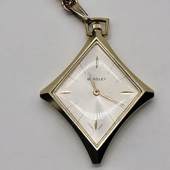 VTG Bradley Swiss Made Pendant Pocket Watch Gold Tone Diamond Shape - Picture 2 of 8